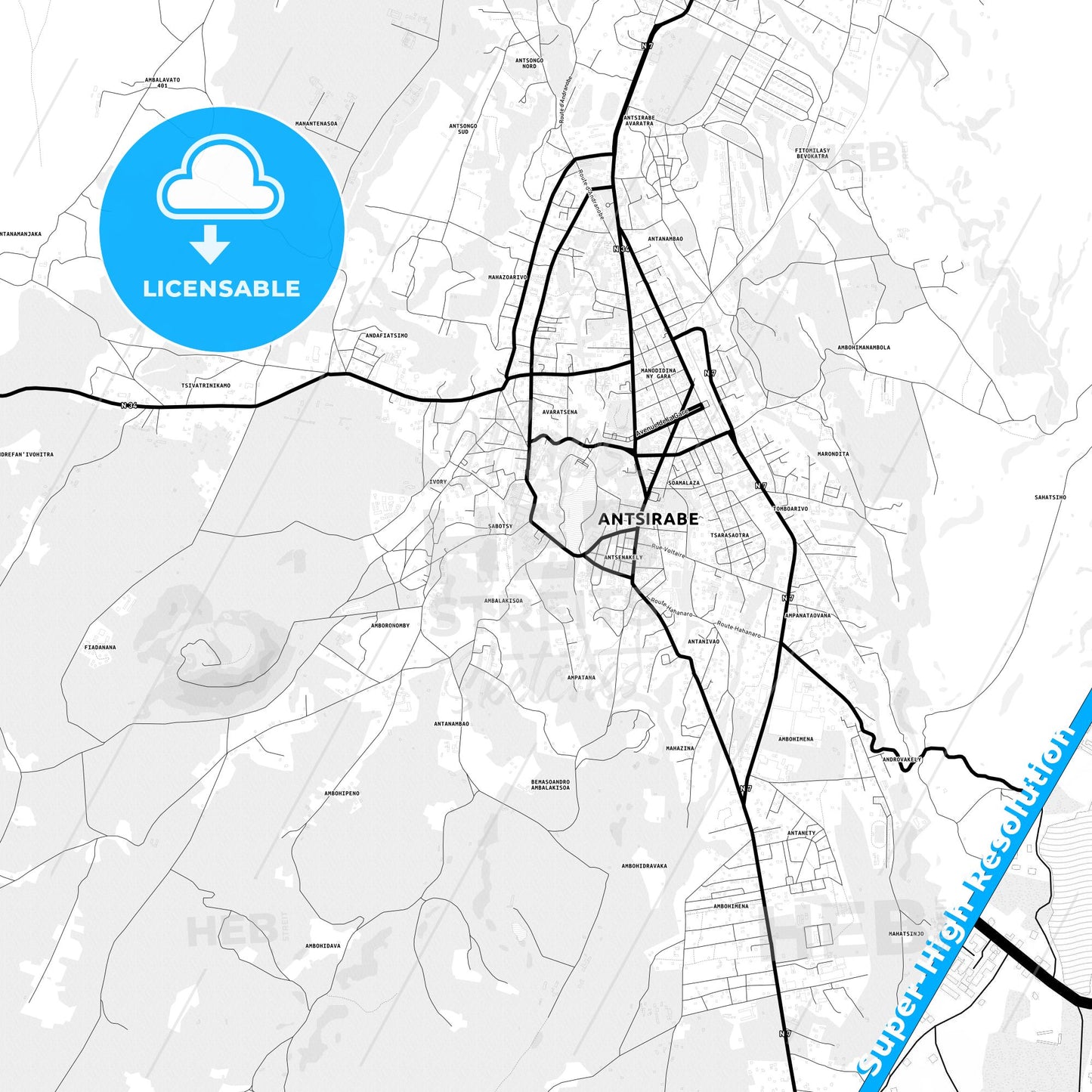 Antsirabe, Madagascar Light Map with Street Names, City Names, and Districts