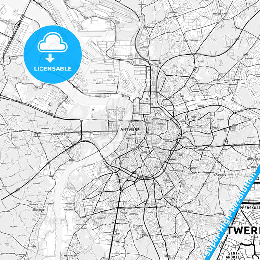 Antwerp, Belgium light map with streetnames, citynames and districts