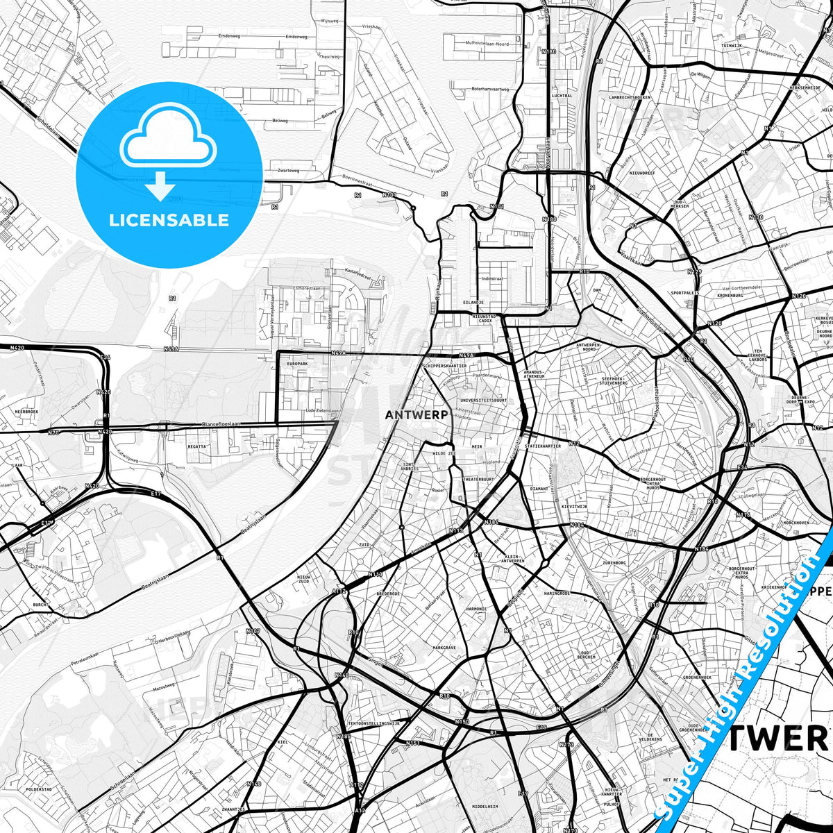Antwerp, Belgium Light Map with Street Names, City Names, and Districts