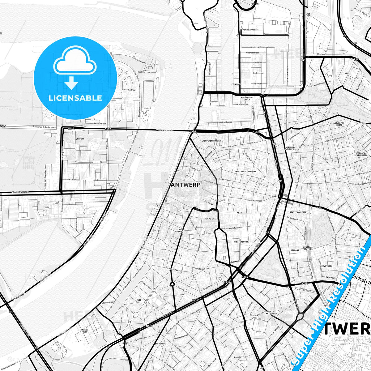 Antwerp, Belgium Light Map with Street Names, City Names, and Districts