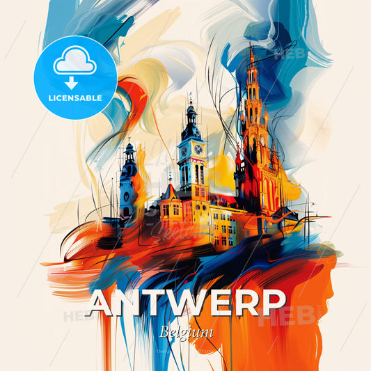 Vibrant Antwerp , Belgium - A Painting Of A Building With Towers And A Tower - Square format print template