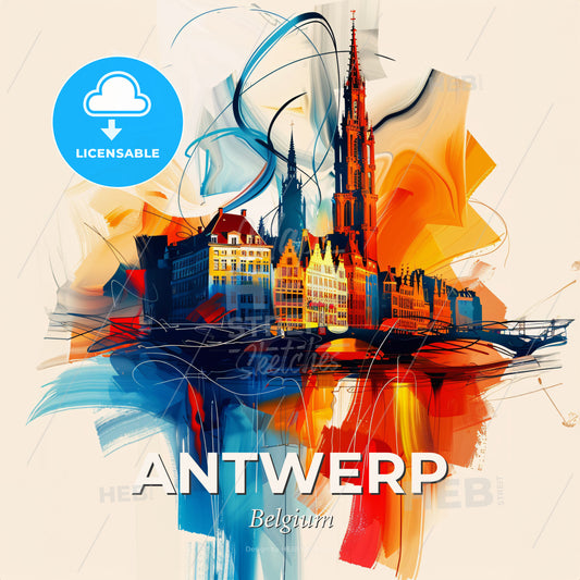 Vibrant Antwerp , Belgium - A Colorful Cityscape With A Tower - Square format print template