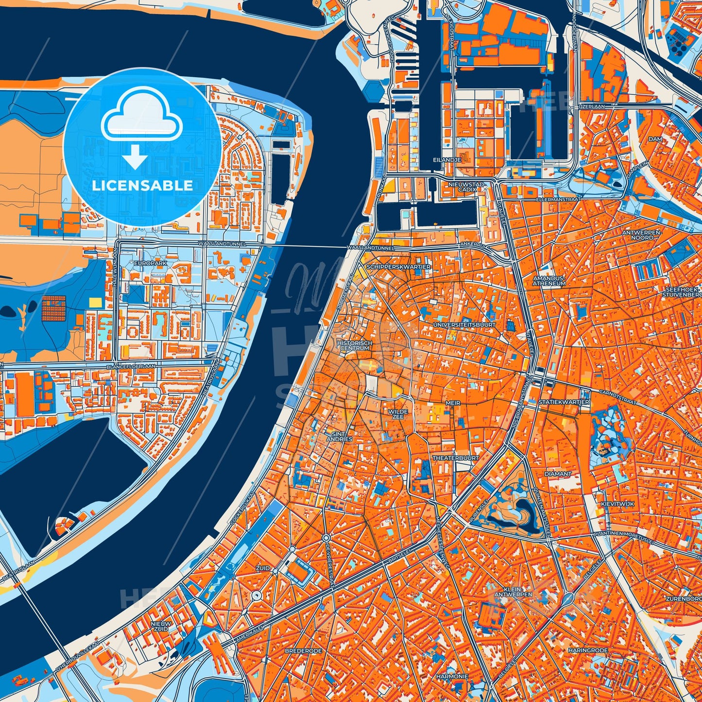 Colorful Antwerp Street Map with Labels and Buildings
