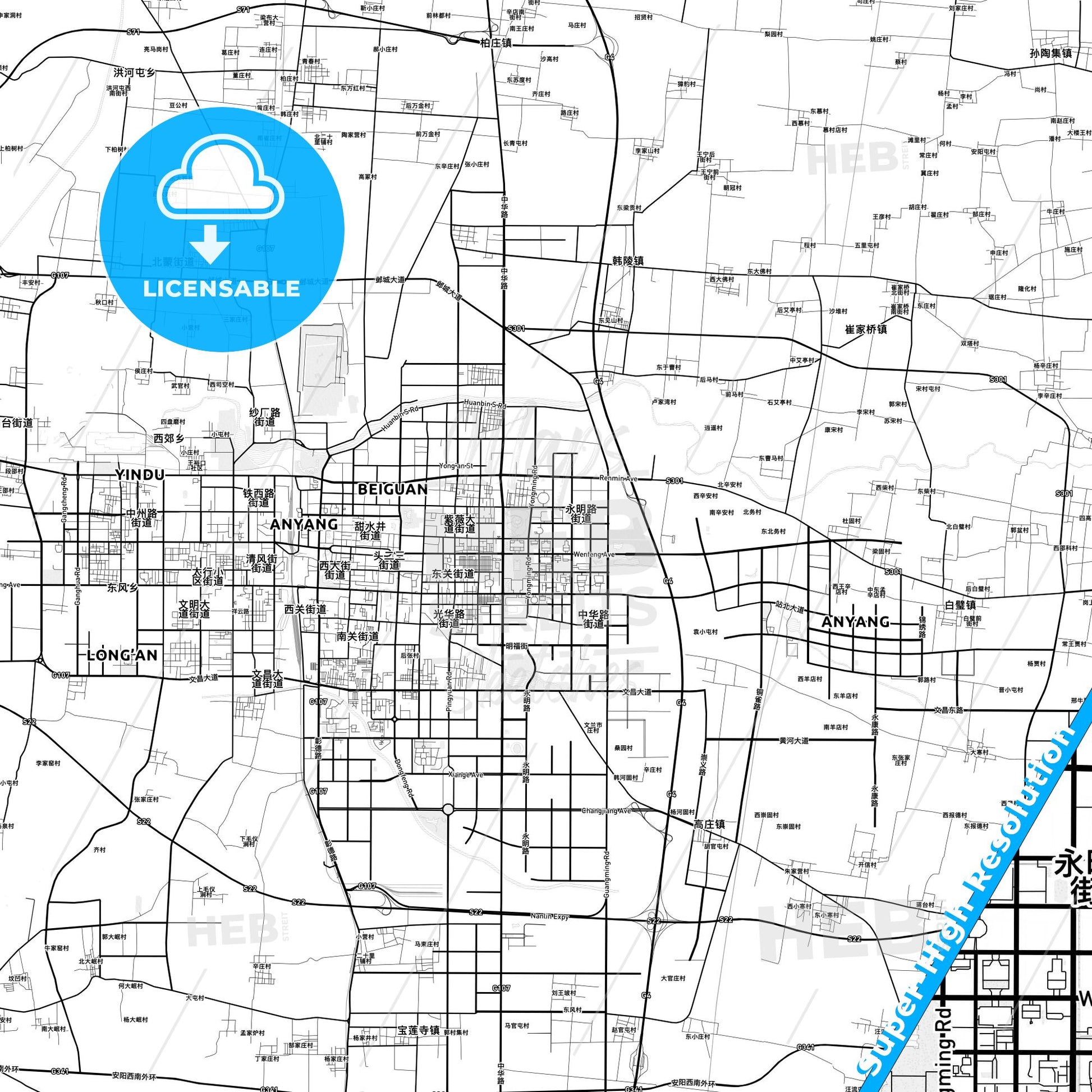 Anyang, China light map with streetnames, citynames and districts