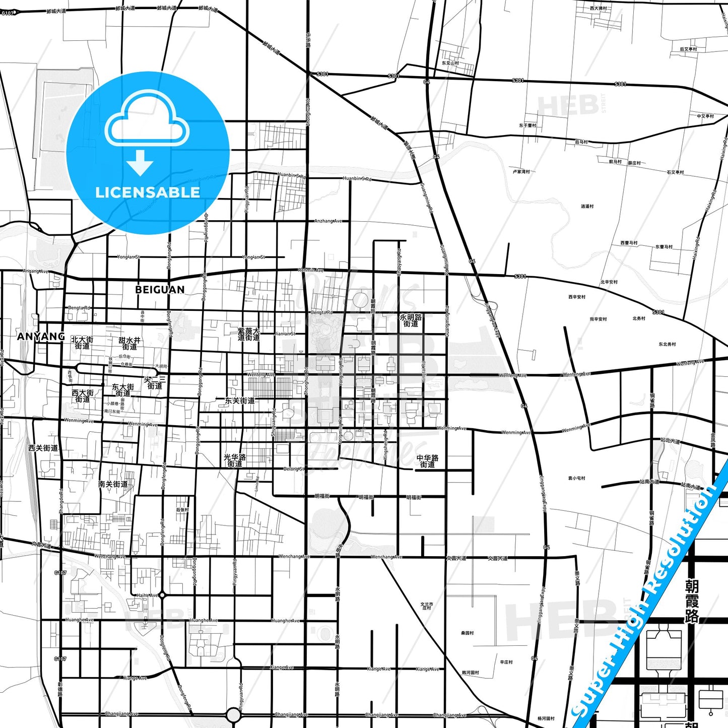 Anyang, China Light Map with Street Names, City Names, and Districts