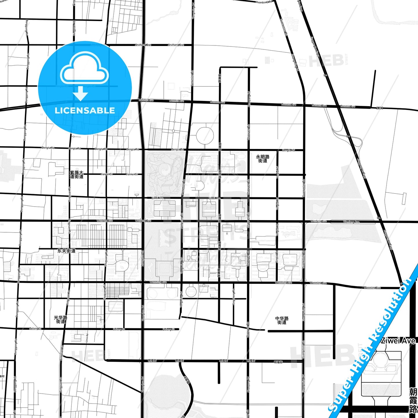 Anyang, China Light Map with Street Names, City Names, and Districts