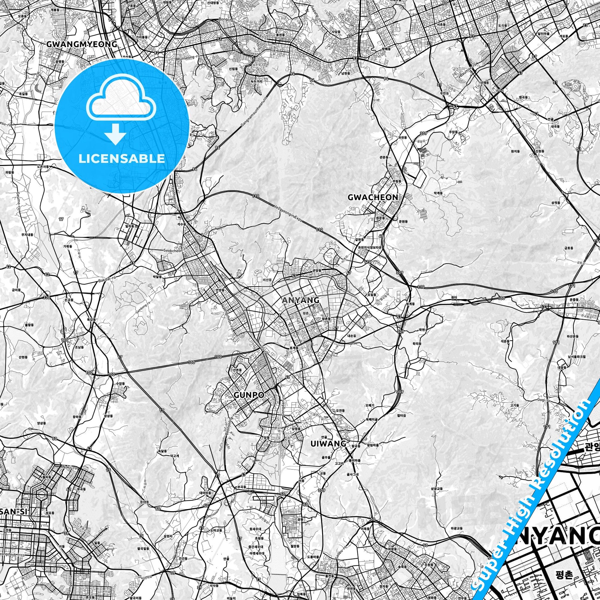 Anyang, South Korea light map with streetnames, citynames and districts