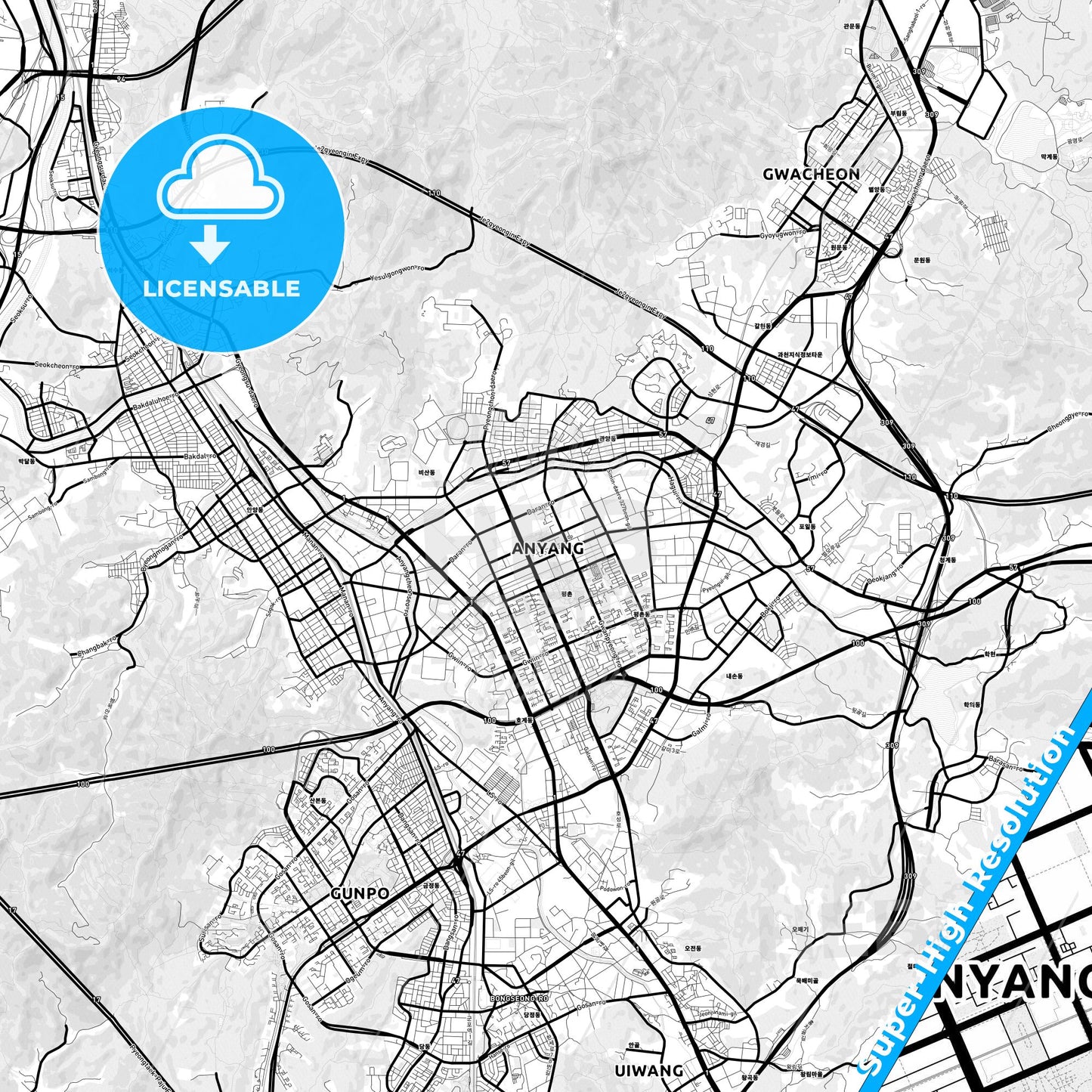 Anyang, South Korea Light Map with Street Names, City Names, and Districts