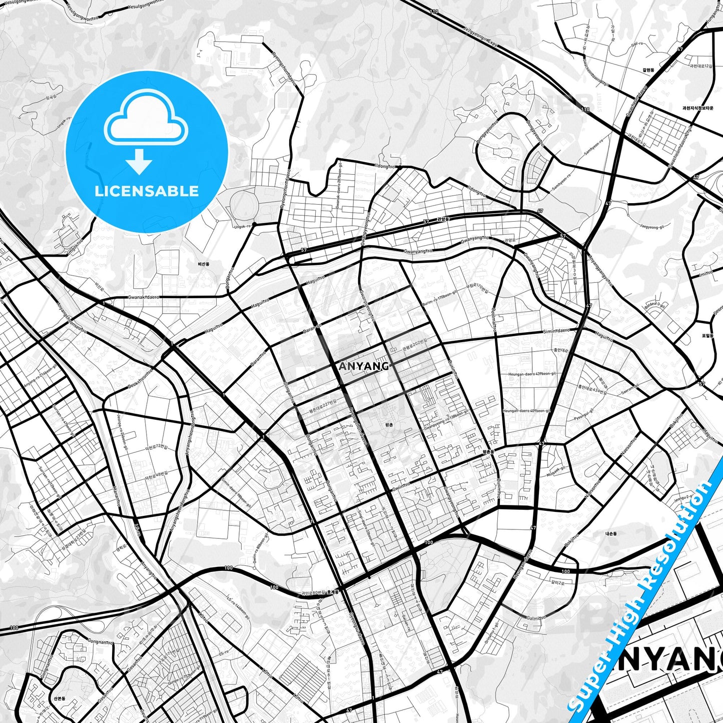Anyang, South Korea Light Map with Street Names, City Names, and Districts