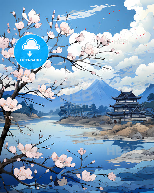 South Korea Anyang Vibrant City Skyline Digital Painting Art Lake Spring Cherry Blossoms