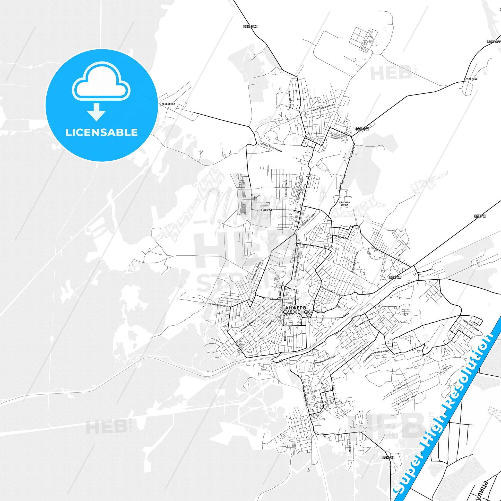 Anzhero-Sudzhensk, Russia light map with streetnames, citynames and districts