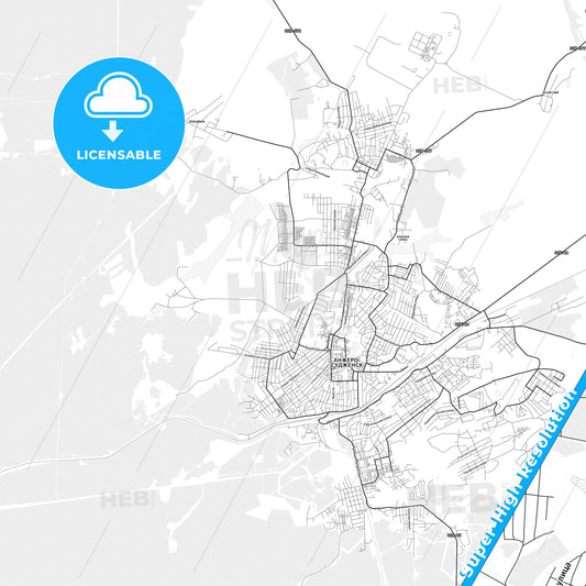 Anzhero-Sudzhensk, Russia light map with streetnames, citynames and districts