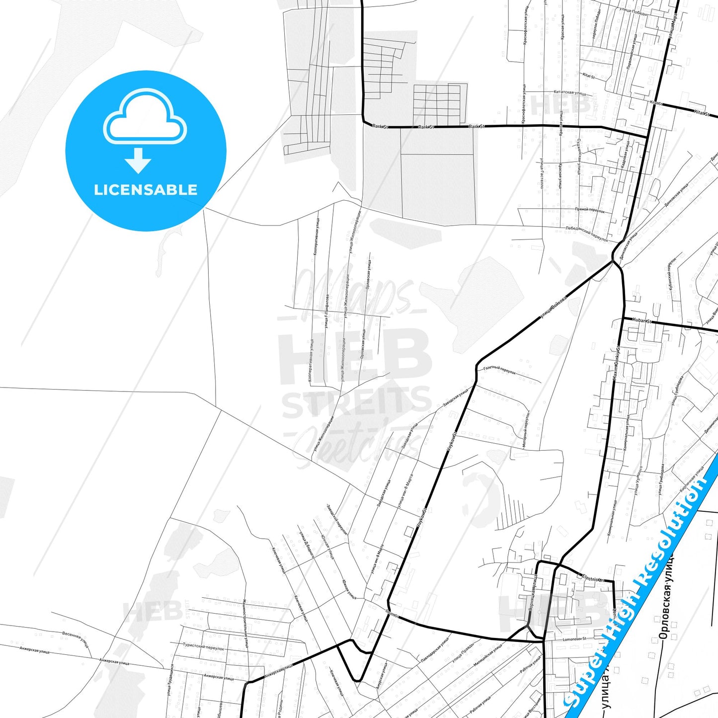 Anzhero-Sudzhensk, Russia Light Map with Street Names, City Names, and Districts