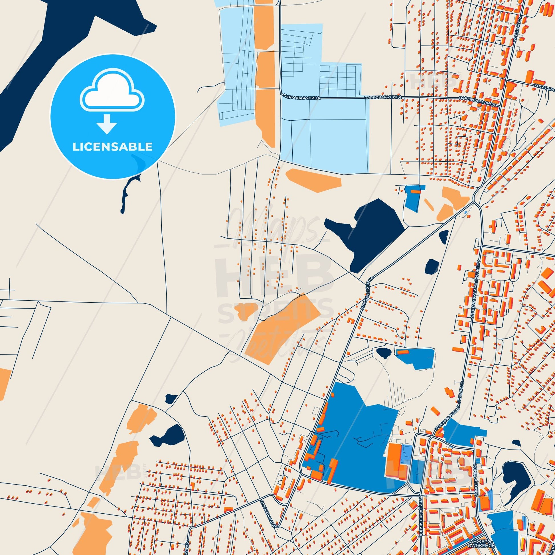 Colorful Anzhero-Sudzhensk Street Map with Labels and Buildings