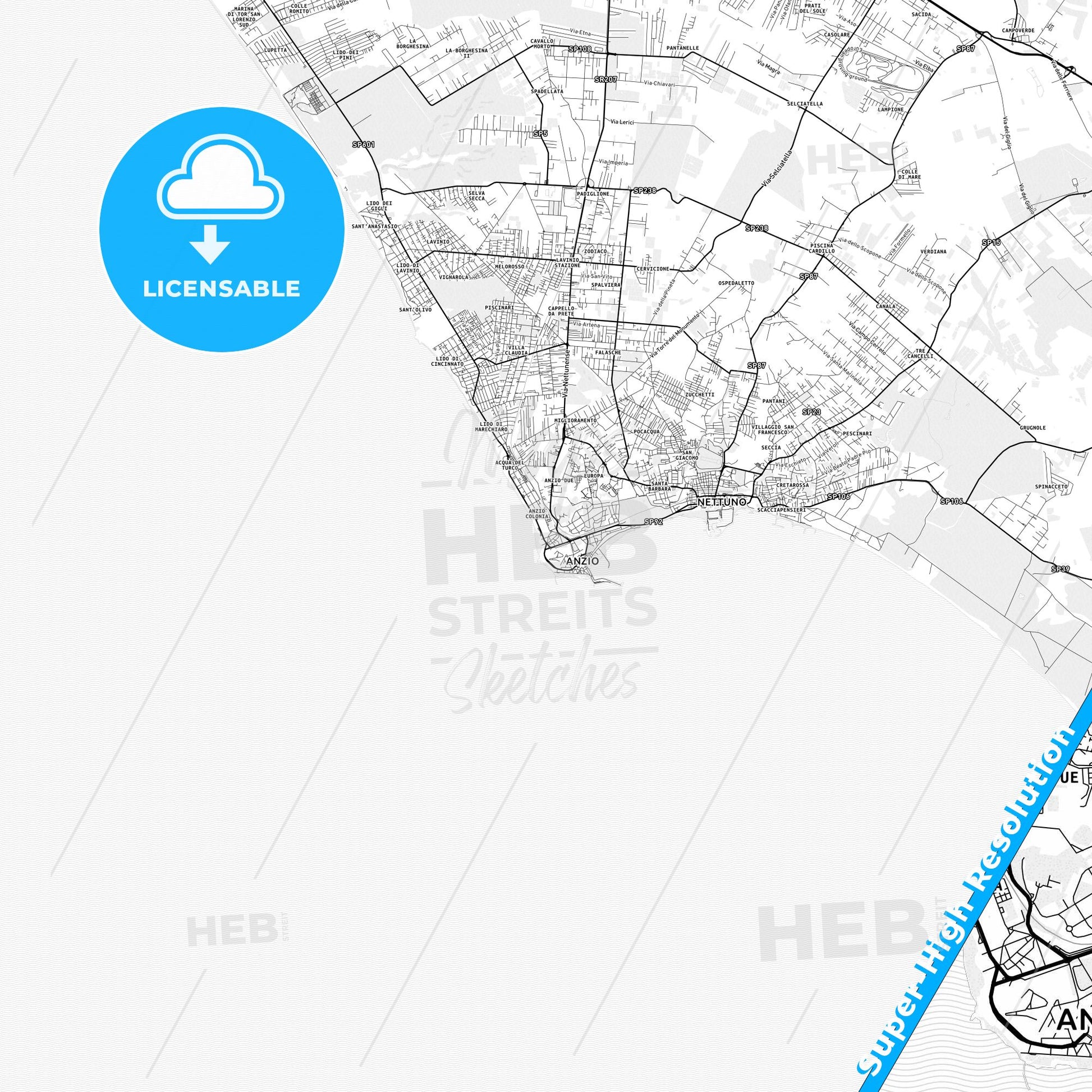 Anzio, Italy light map with streetnames, citynames and districts