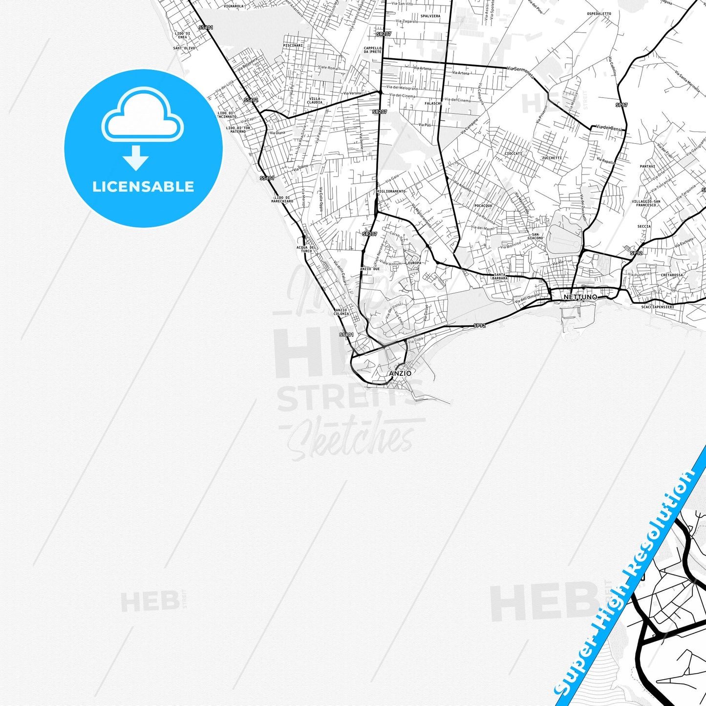 Anzio, Italy Light Map with Street Names, City Names, and Districts
