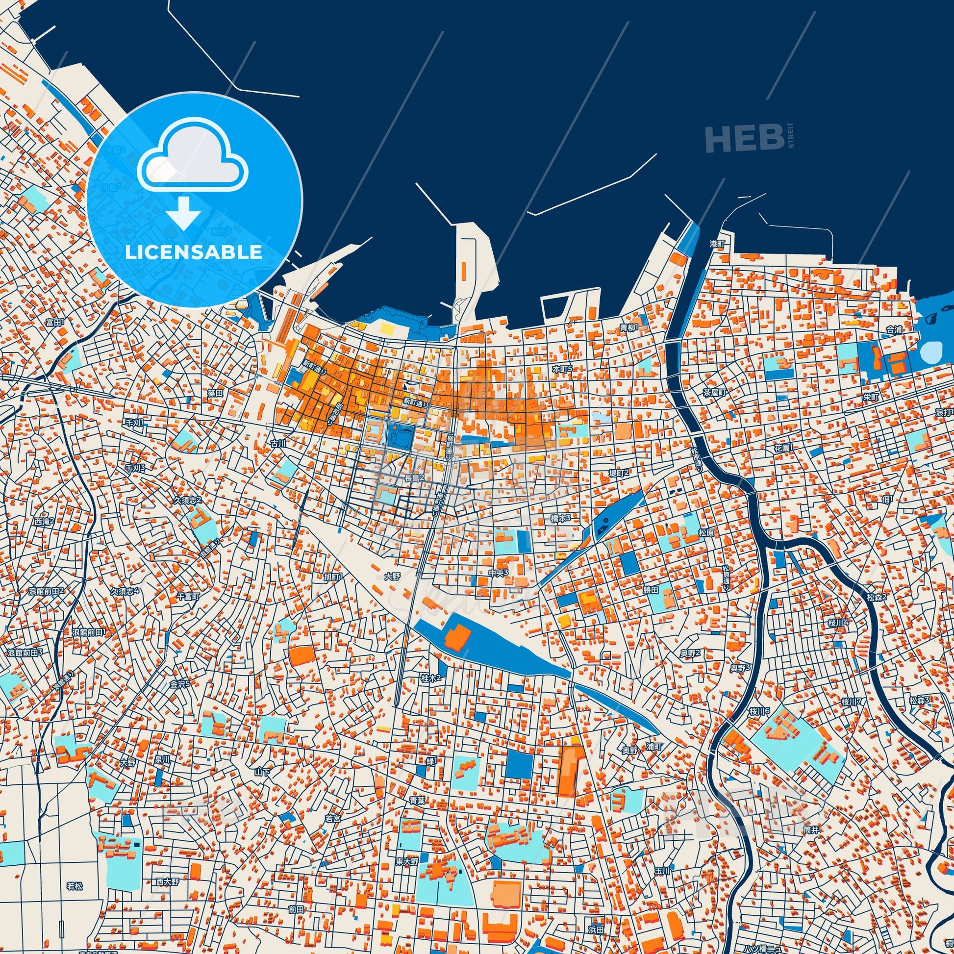 Colorful Aomori Street Map with Labels and Buildings
