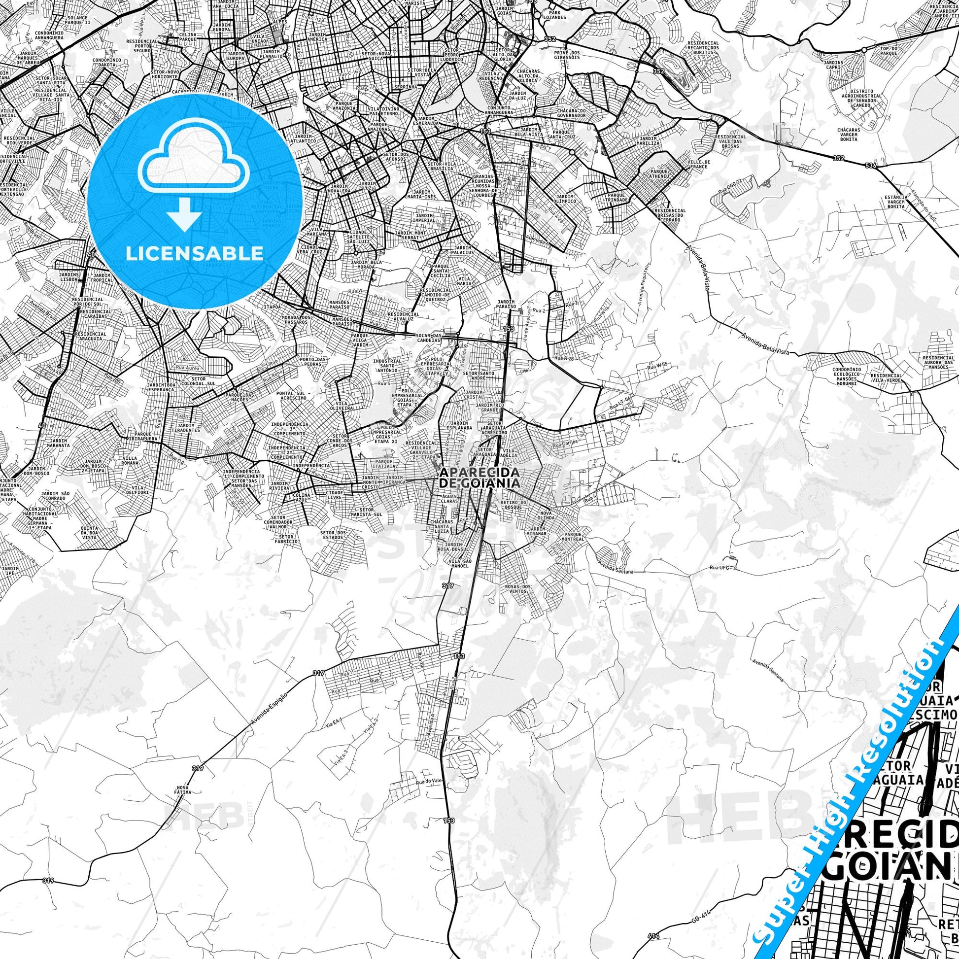 Aparecida de Goiania, Brazil light map with streetnames, citynames and districts