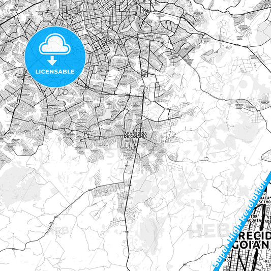 Aparecida de Goiania, Brazil light map with streetnames, citynames and districts