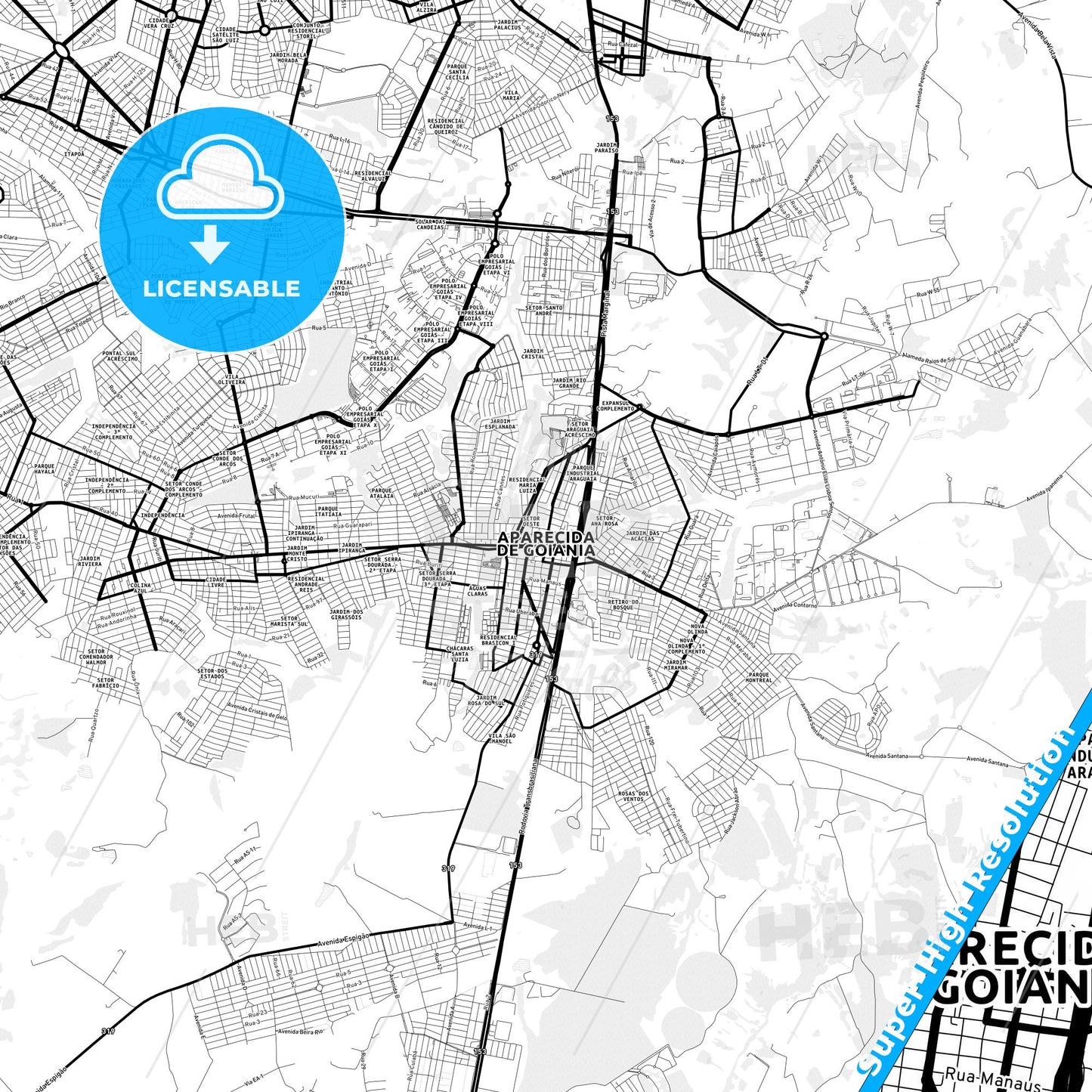 Aparecida de Goiania, Brazil Light Map with Street Names, City Names, and Districts