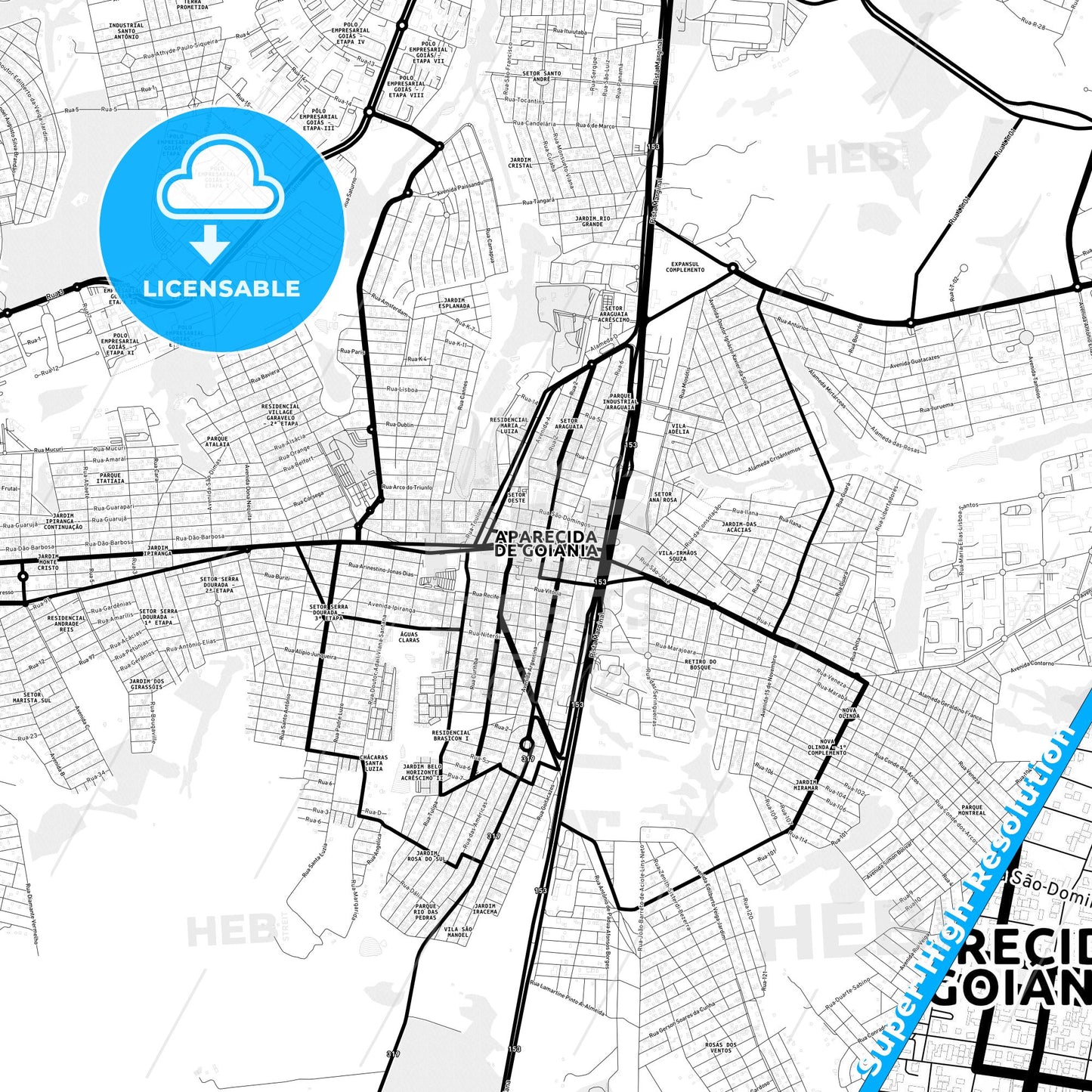 Aparecida de Goiania, Brazil Light Map with Street Names, City Names, and Districts