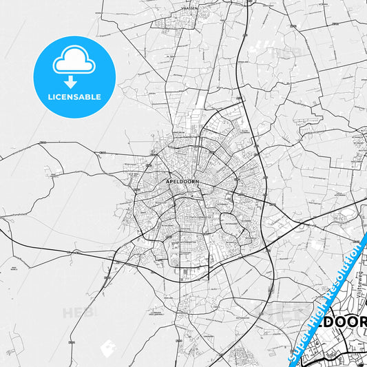 Apeldoorn, Netherlands light map with streetnames, citynames and districts
