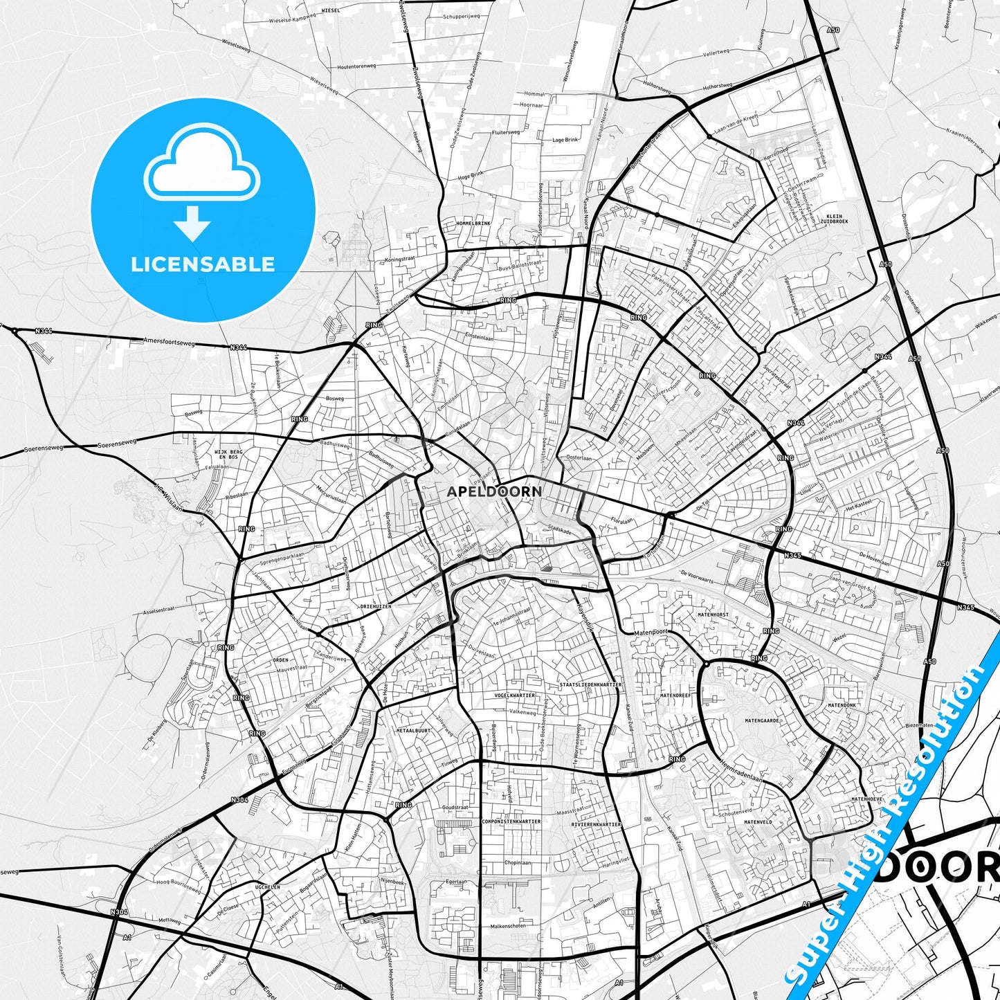 Apeldoorn, Netherlands Light Map with Street Names, City Names, and Districts