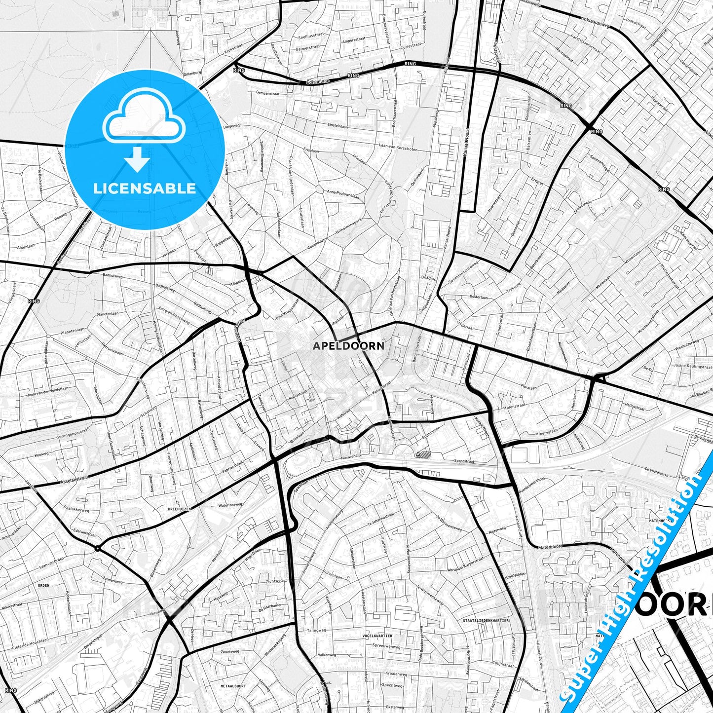 Apeldoorn, Netherlands Light Map with Street Names, City Names, and Districts