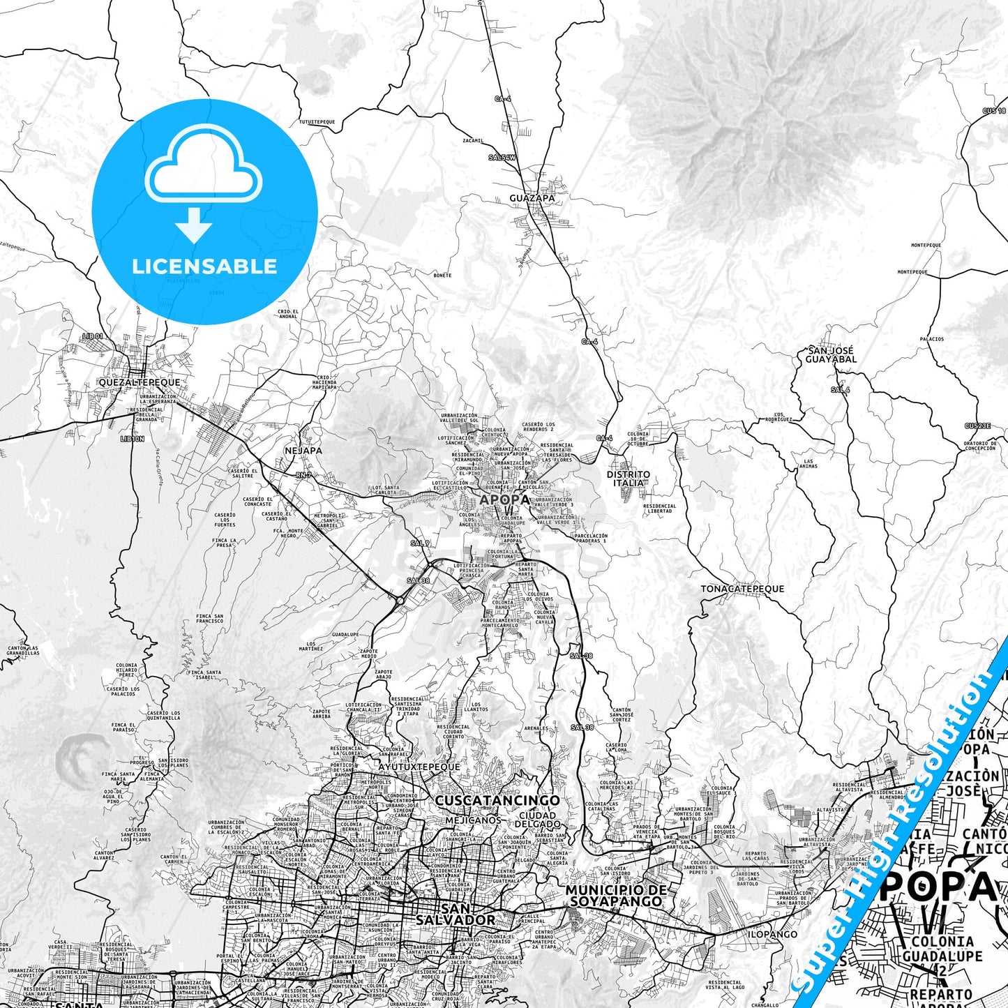 Apopa, El Salvador light map with streetnames, citynames and districts
