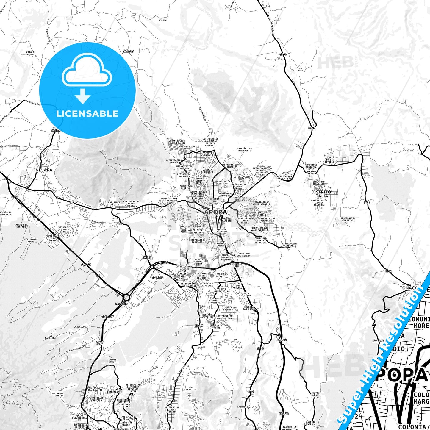 Apopa, El Salvador Light Map with Street Names, City Names, and Districts