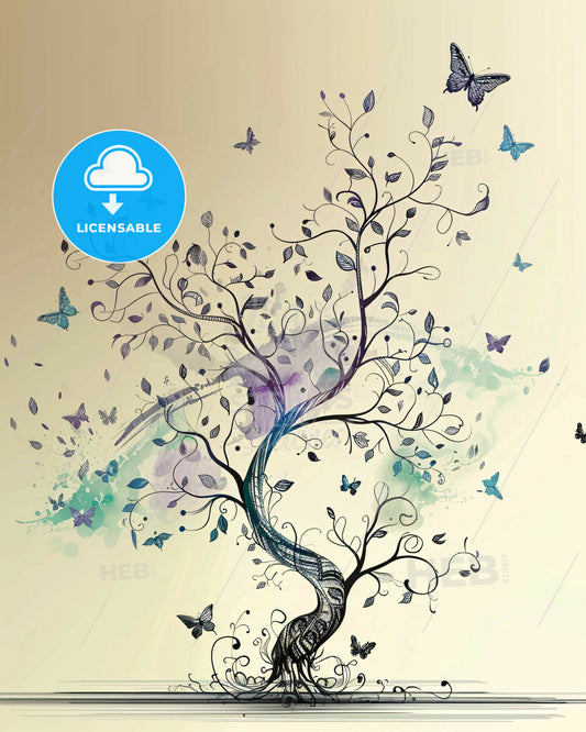 Minimalist Apple Tree Wall Art in Bold Hues - A tree with butterflies and leaves