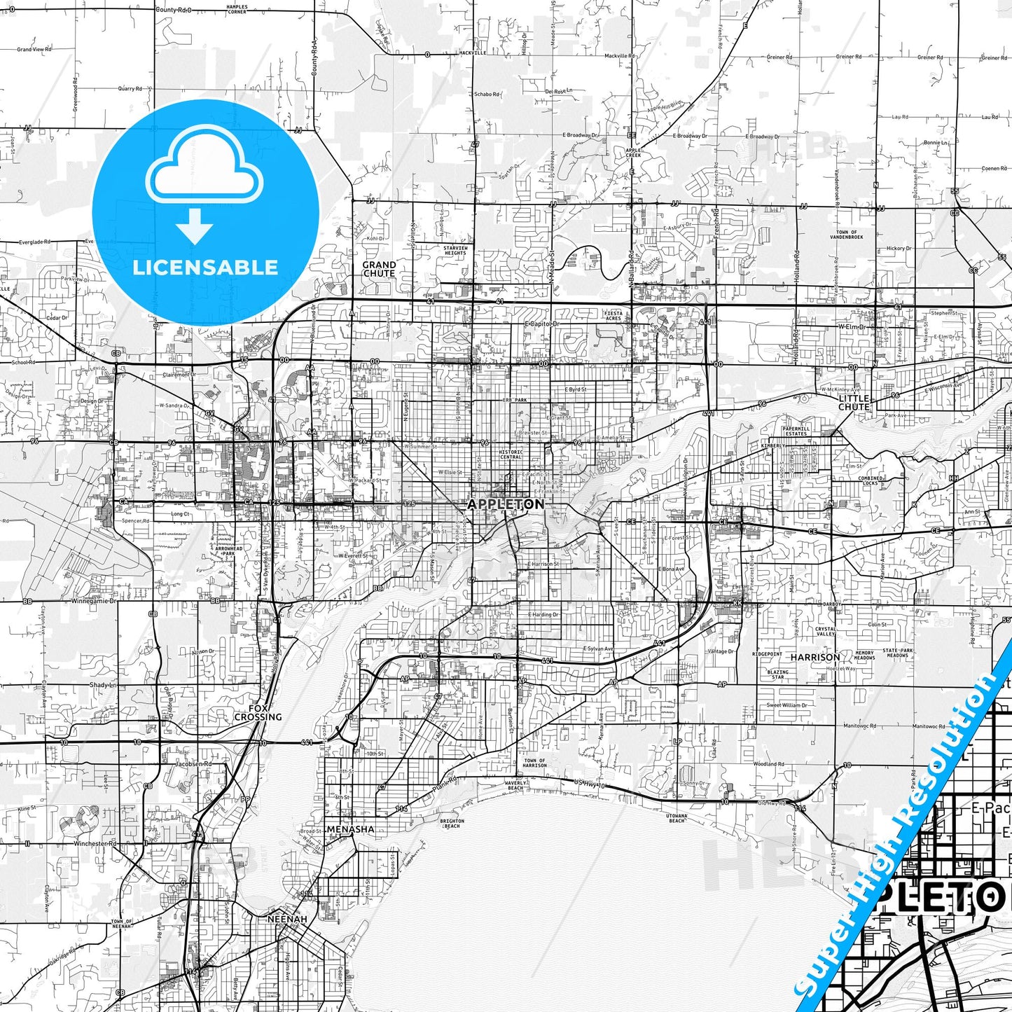 Appleton, Wisconsin light map with streetnames, citynames and districts