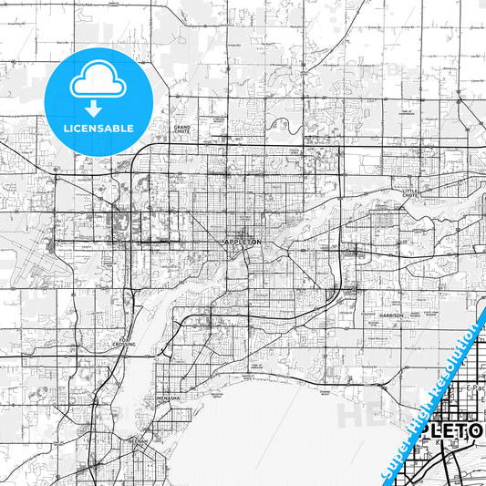 Appleton, Wisconsin light map with streetnames, citynames and districts