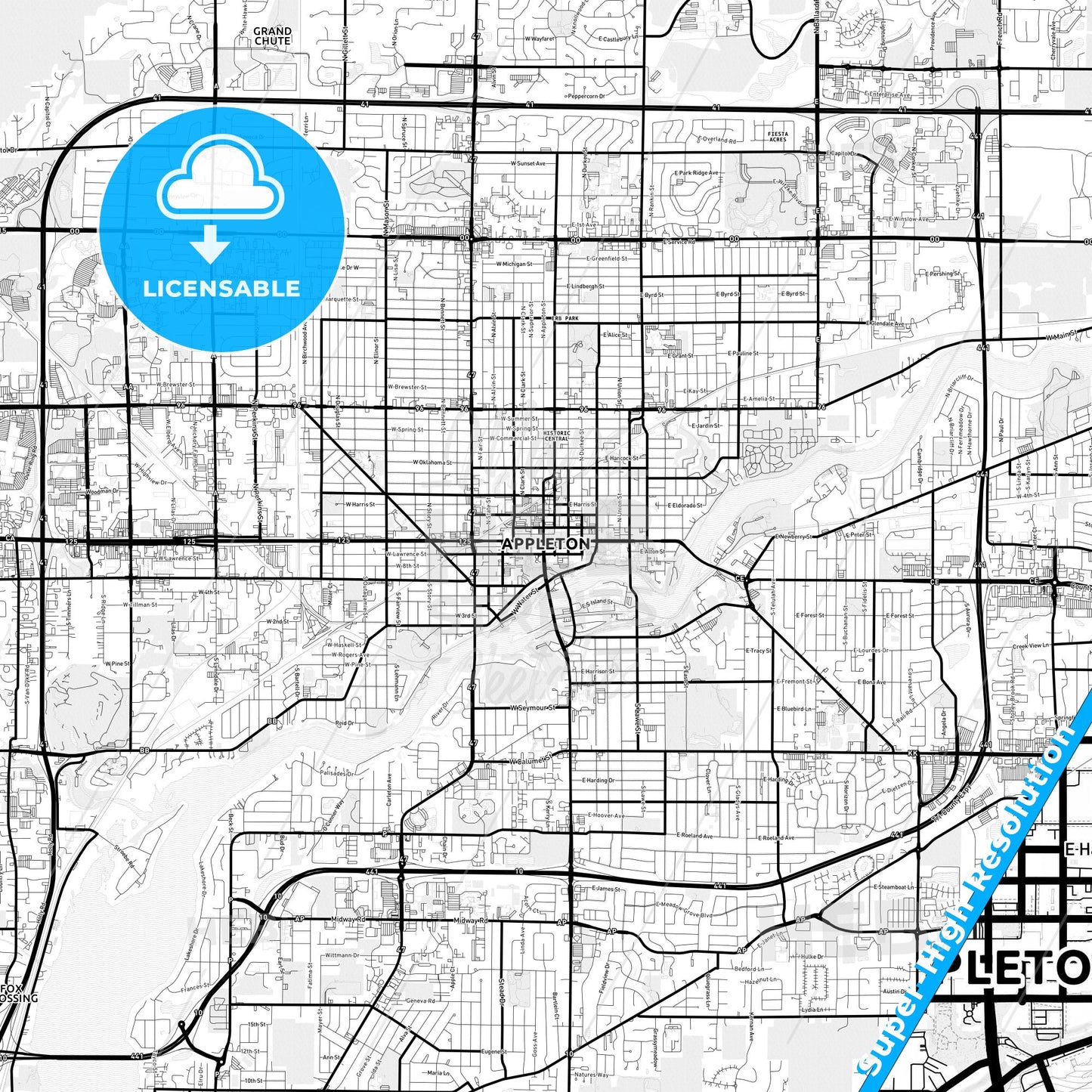 Appleton, Wisconsin Light Map with Street Names, City Names, and Districts