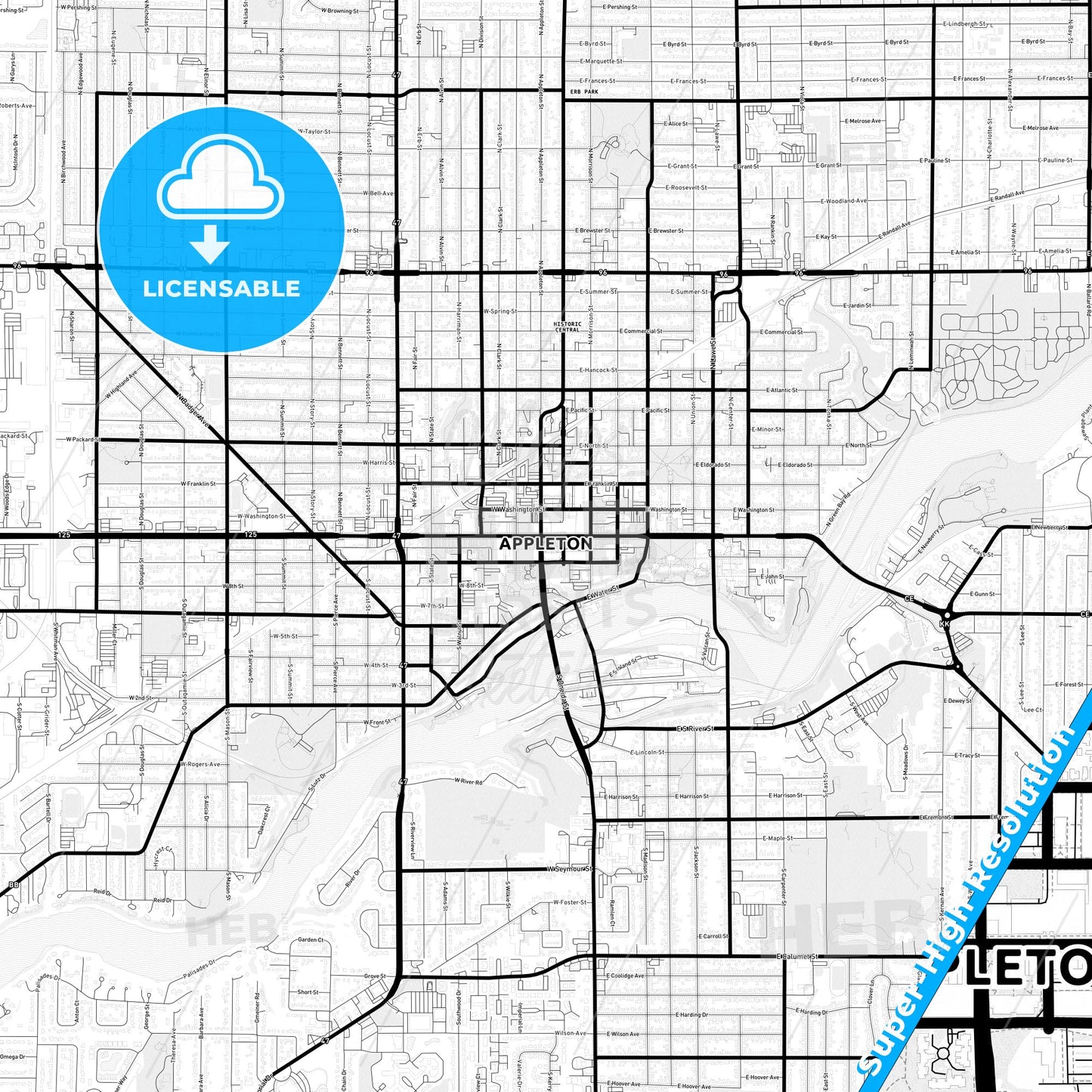 Appleton, Wisconsin Light Map with Street Names, City Names, and Districts