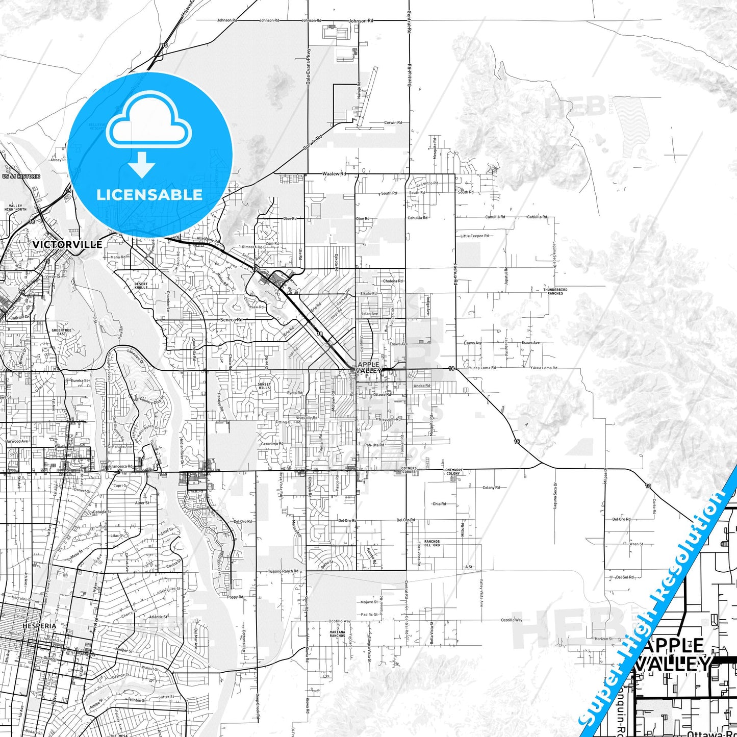 Apple Valley, California light map with streetnames, citynames and districts