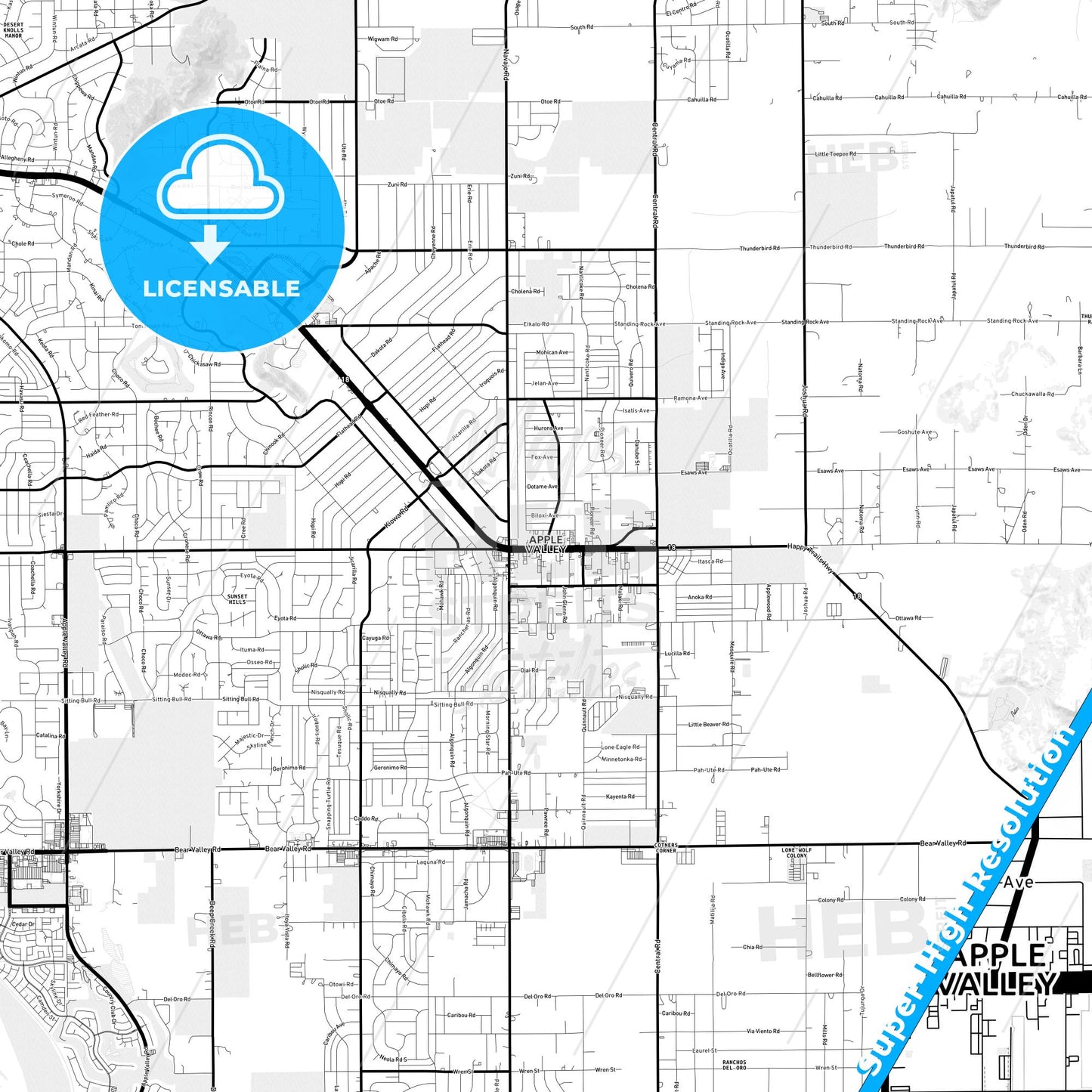 Apple Valley, California Light Map with Street Names, City Names, and Districts