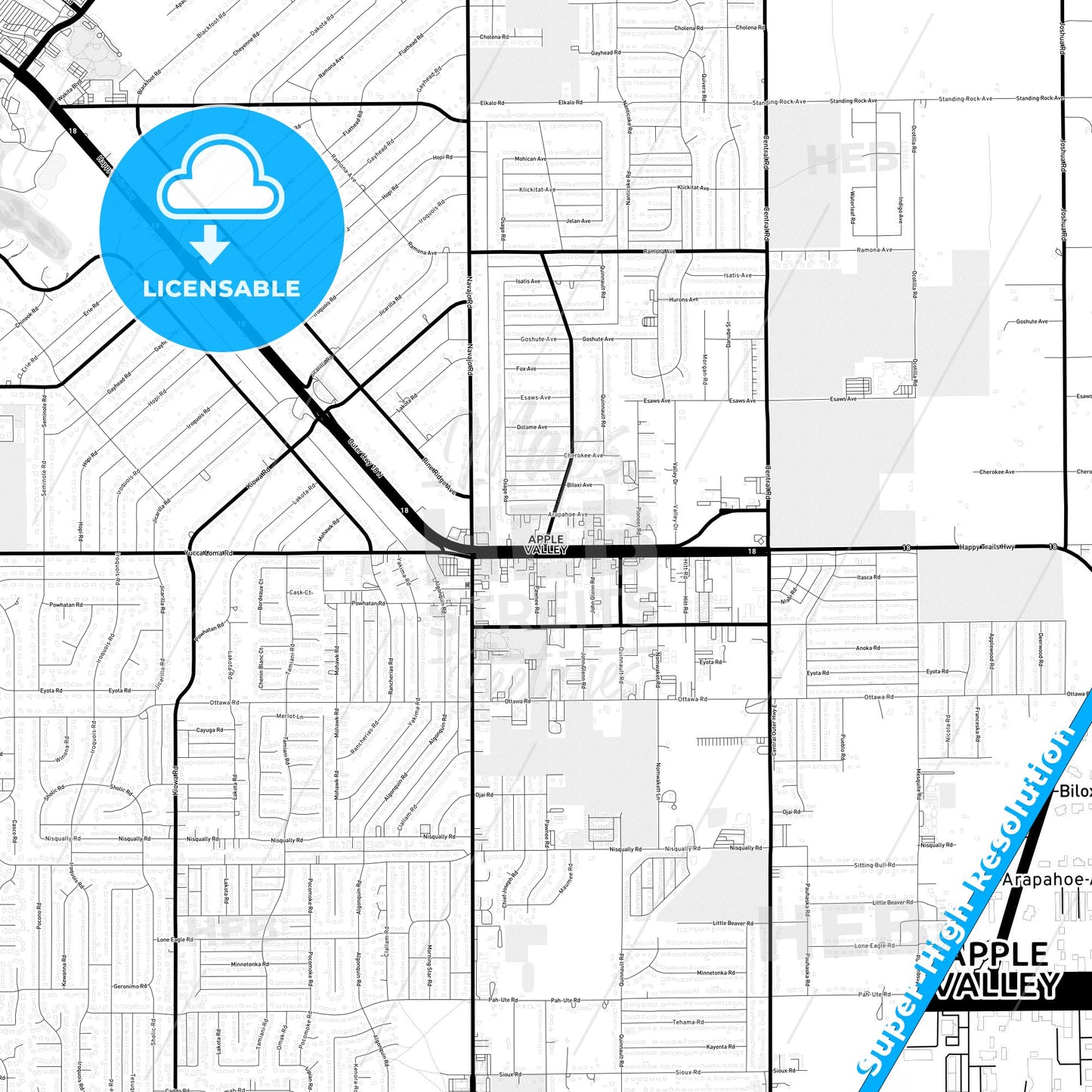 Apple Valley, California Light Map with Street Names, City Names, and Districts