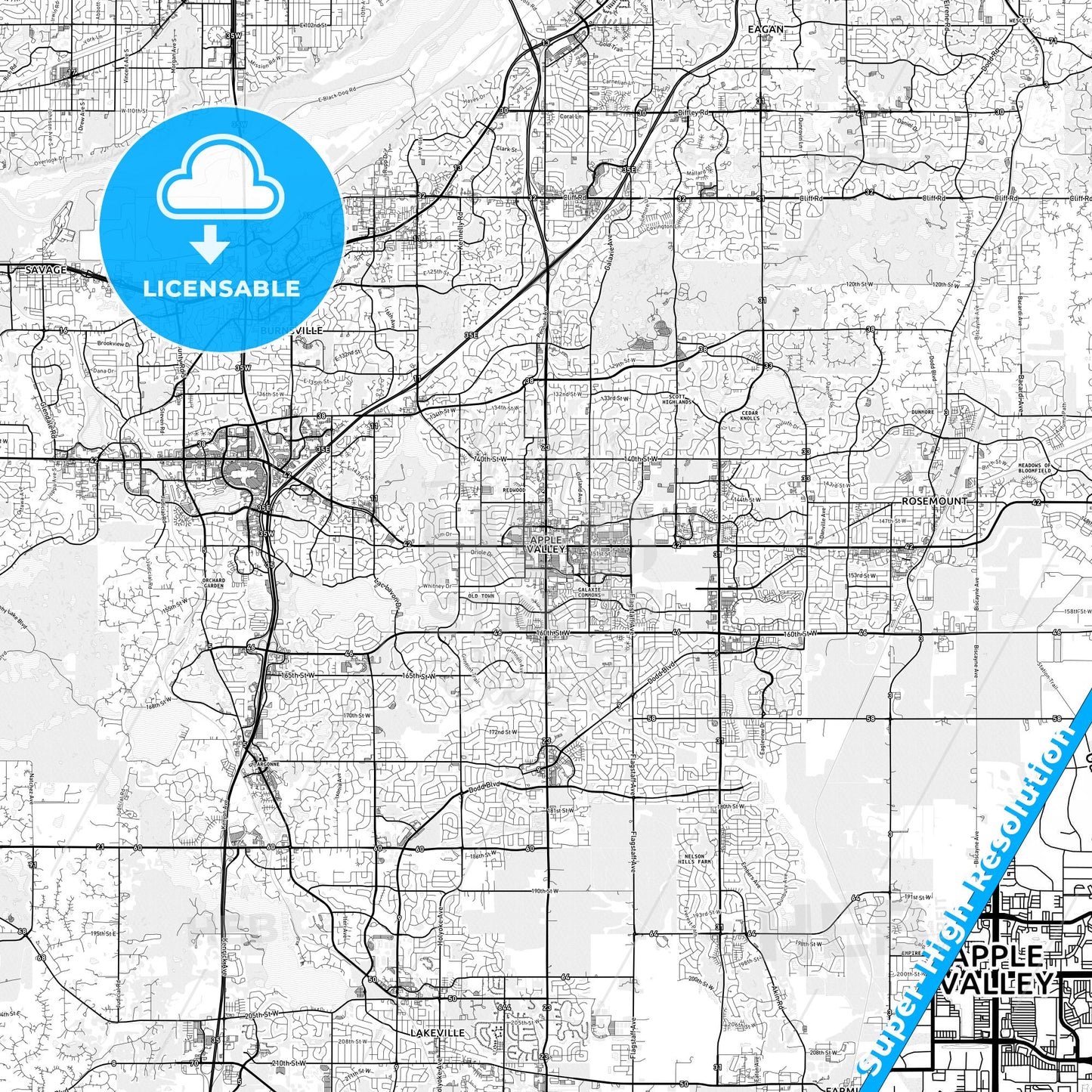 Apple Valley, Minnesota light map with streetnames, citynames and districts
