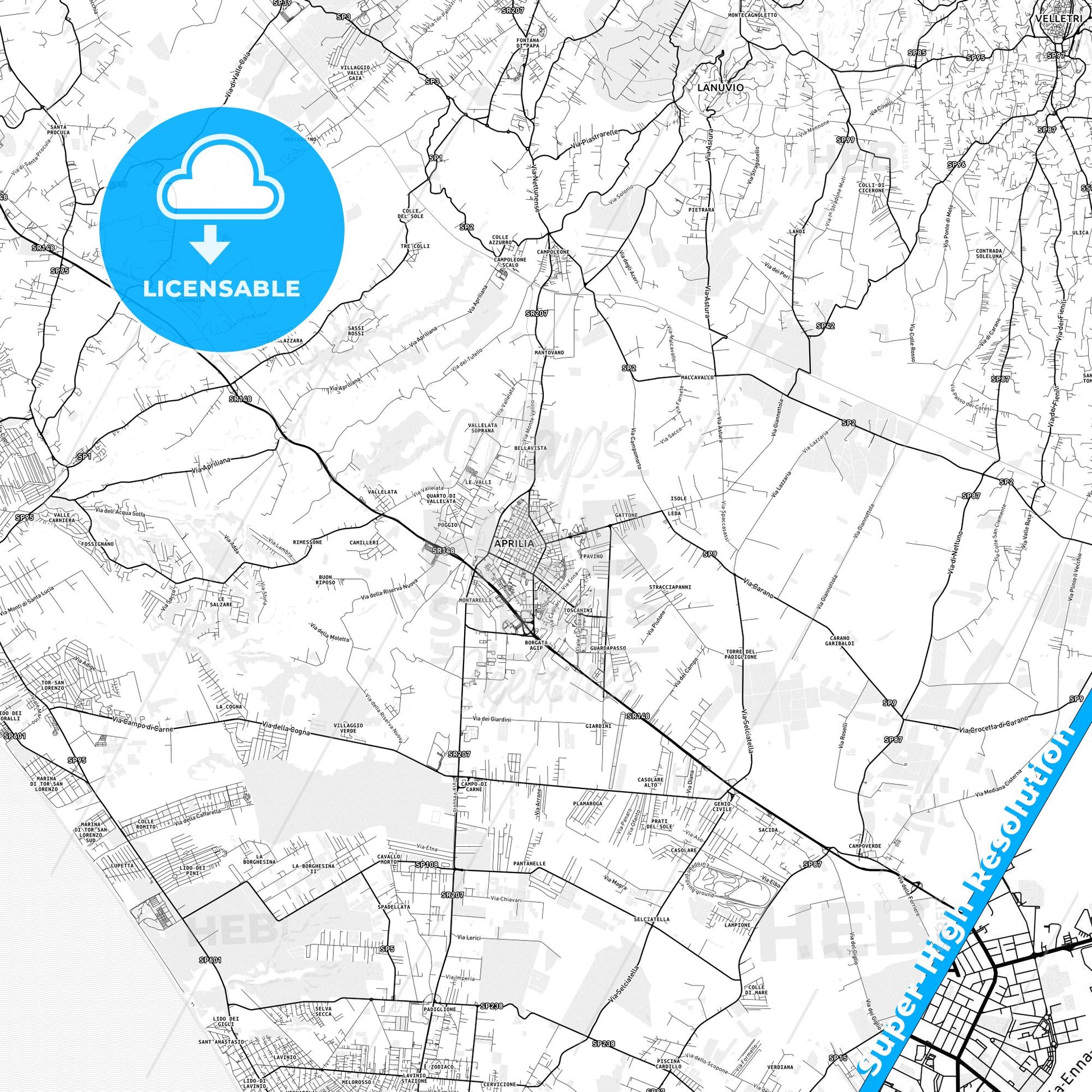 Aprilia, Italy light map with streetnames, citynames and districts