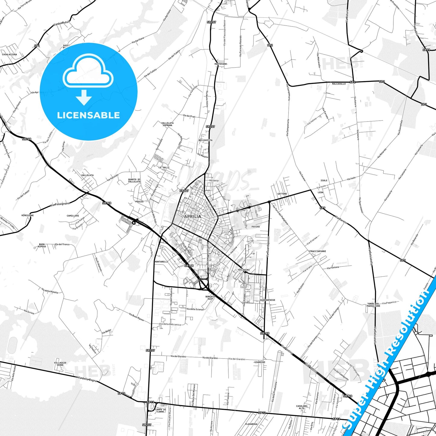Aprilia, Italy Light Map with Street Names, City Names, and Districts