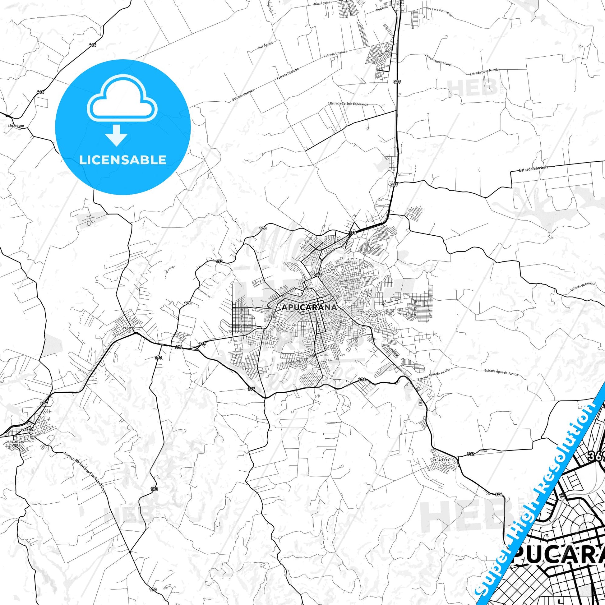 Apucarana, Brazil light map with streetnames, citynames and districts