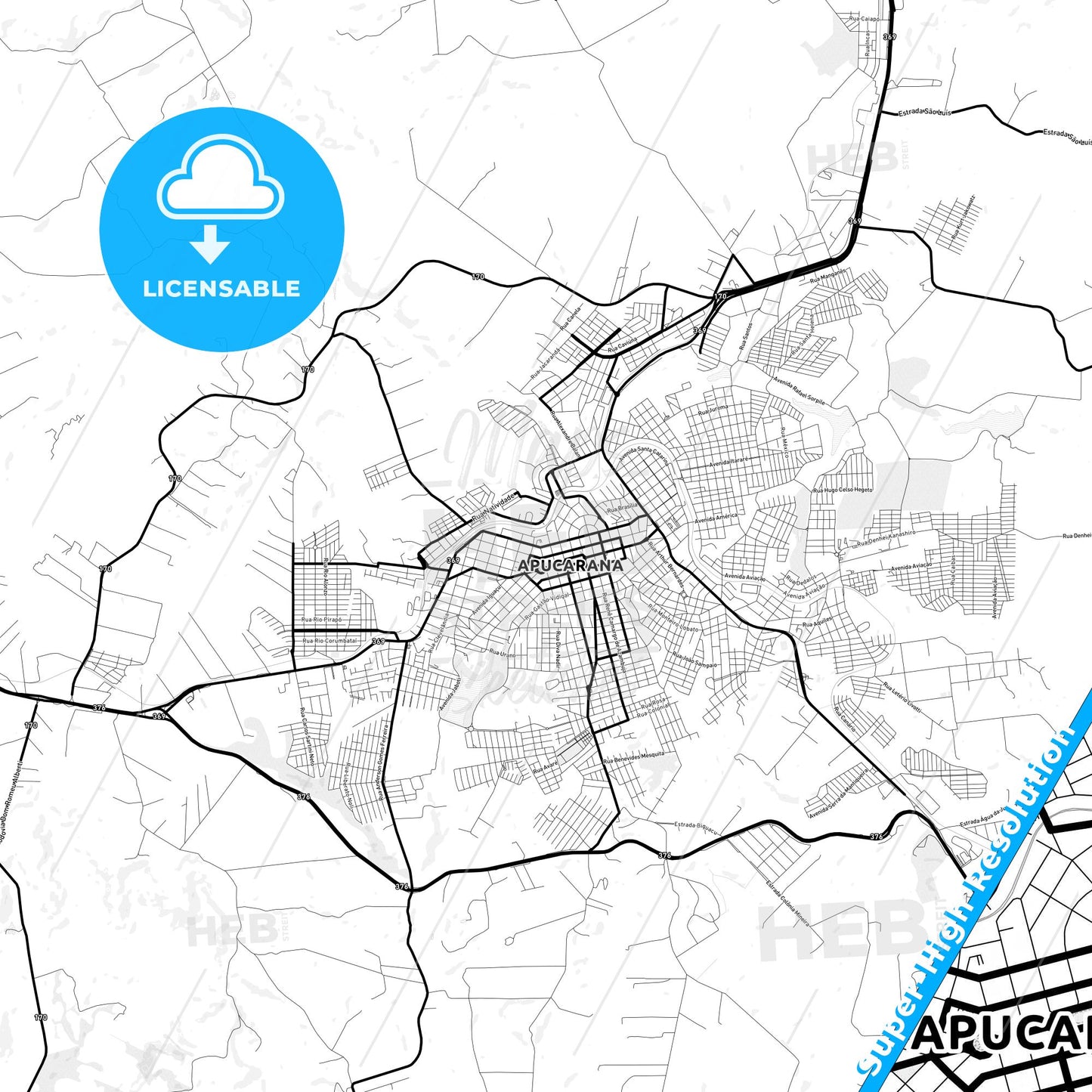 Apucarana, Brazil Light Map with Street Names, City Names, and Districts
