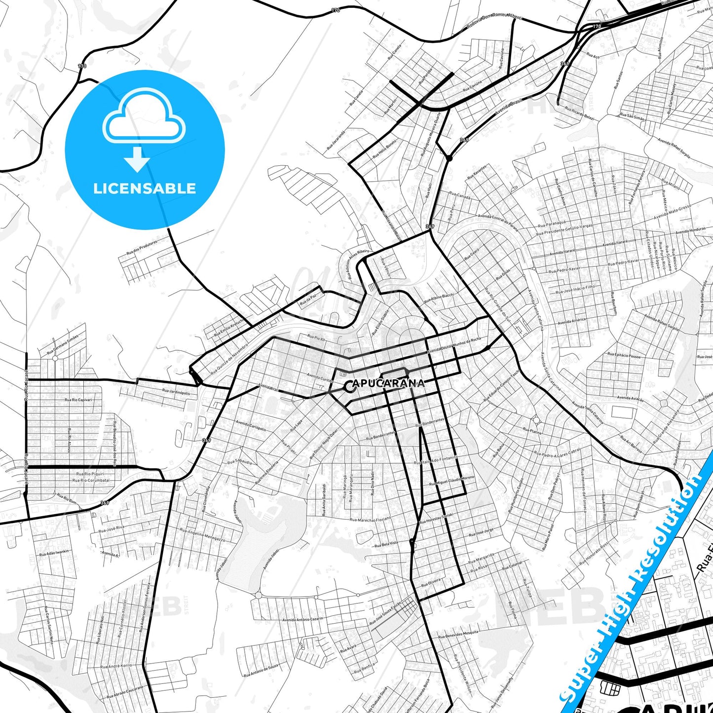 Apucarana, Brazil Light Map with Street Names, City Names, and Districts