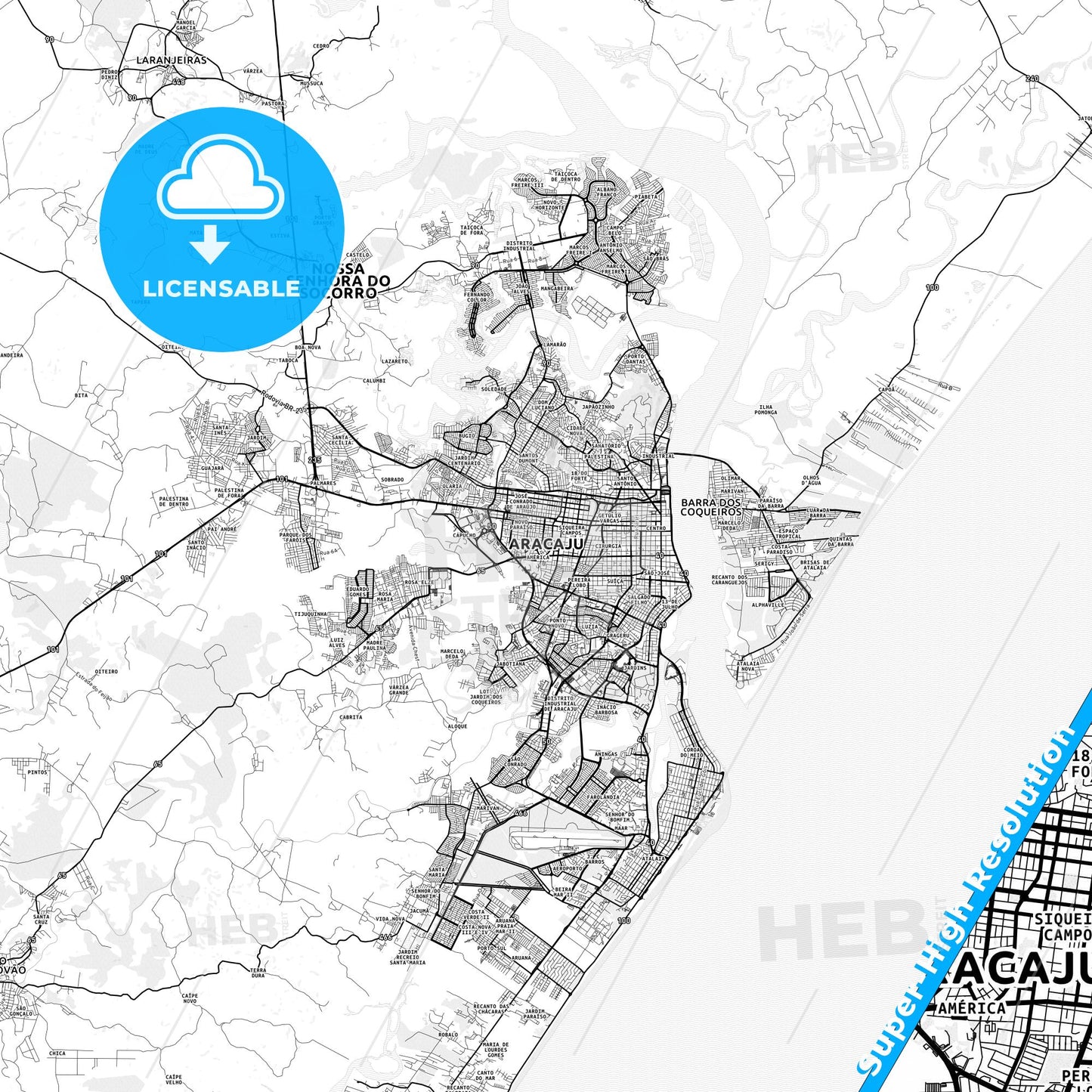 Aracaju, Brazil light map with streetnames, citynames and districts