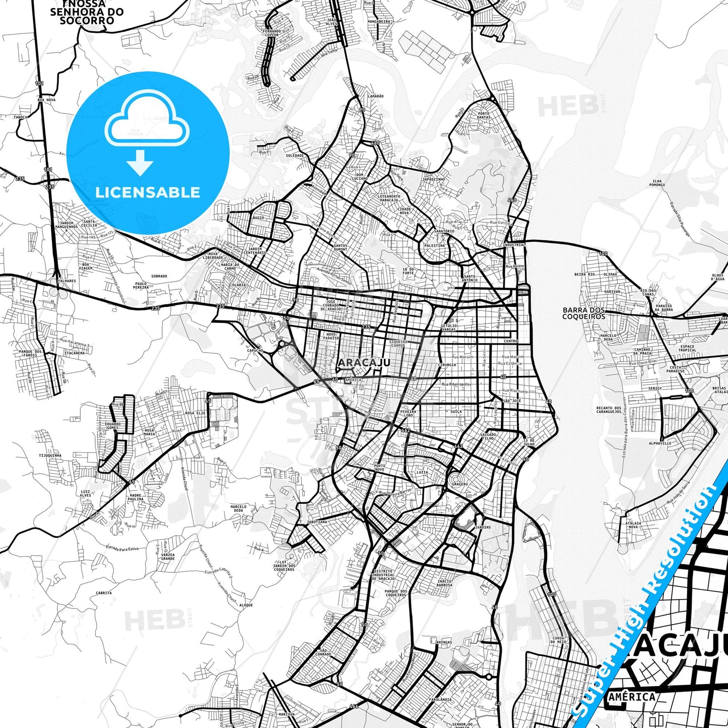 Aracaju, Brazil Light Map with Street Names, City Names, and Districts