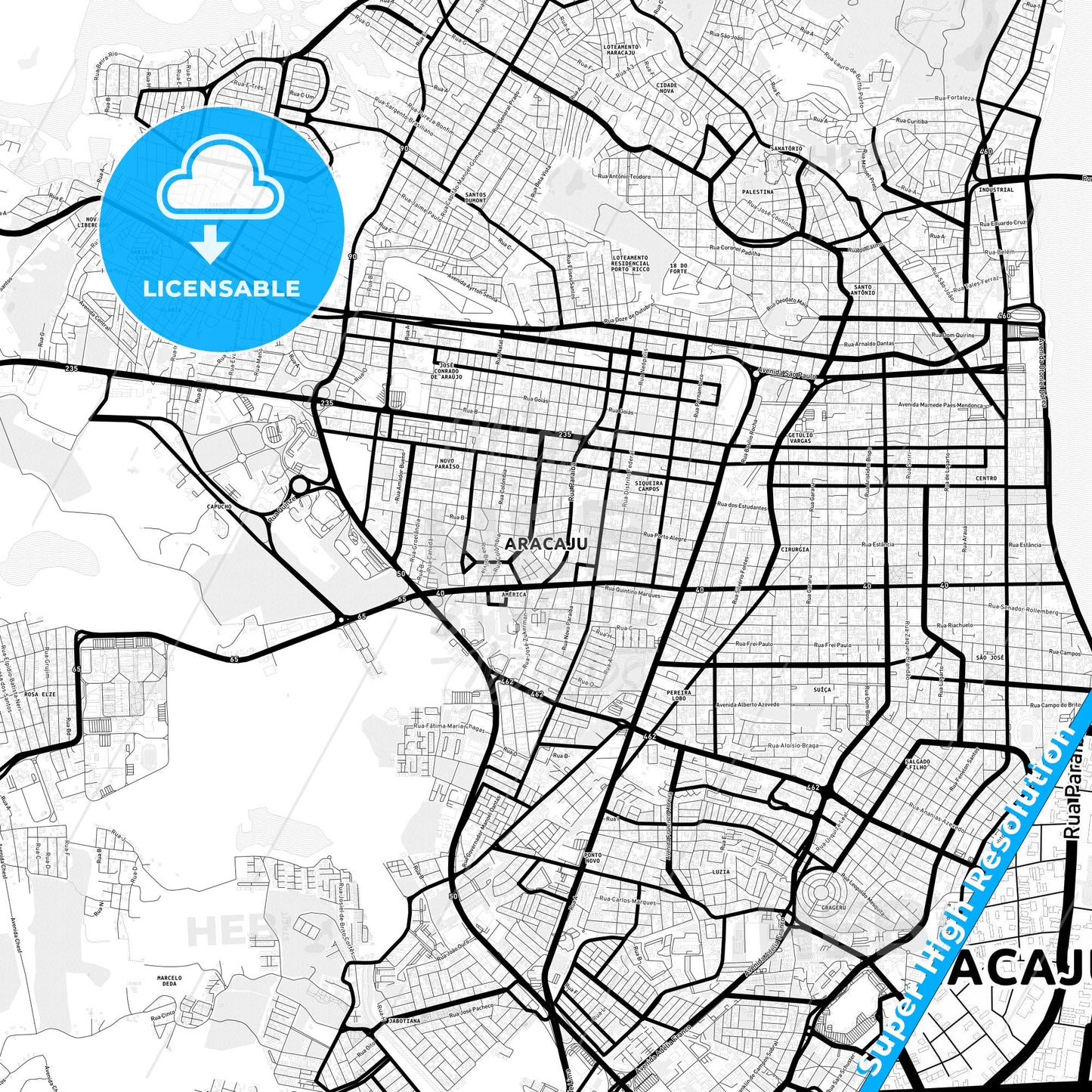 Aracaju, Brazil Light Map with Street Names, City Names, and Districts