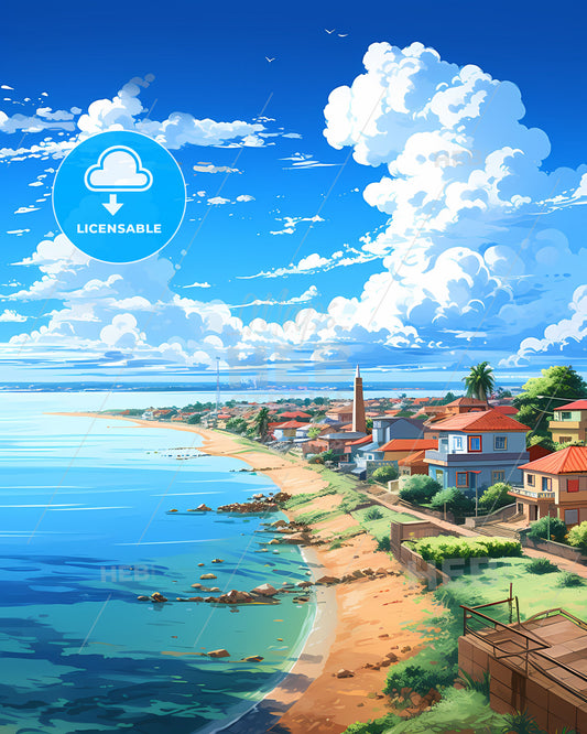 Vibrant Painting of Aracaju City Skyline with Beach Houses, Trees, and Ocean in Colorful Artistic Style