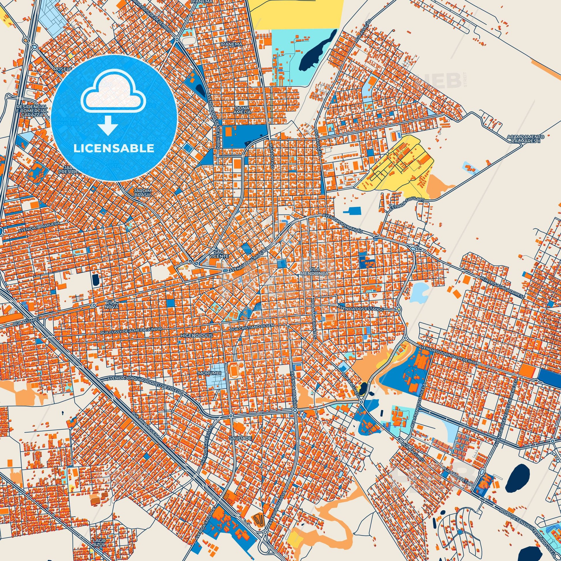 Colorful Aracatuba Street Map with Labels and Buildings