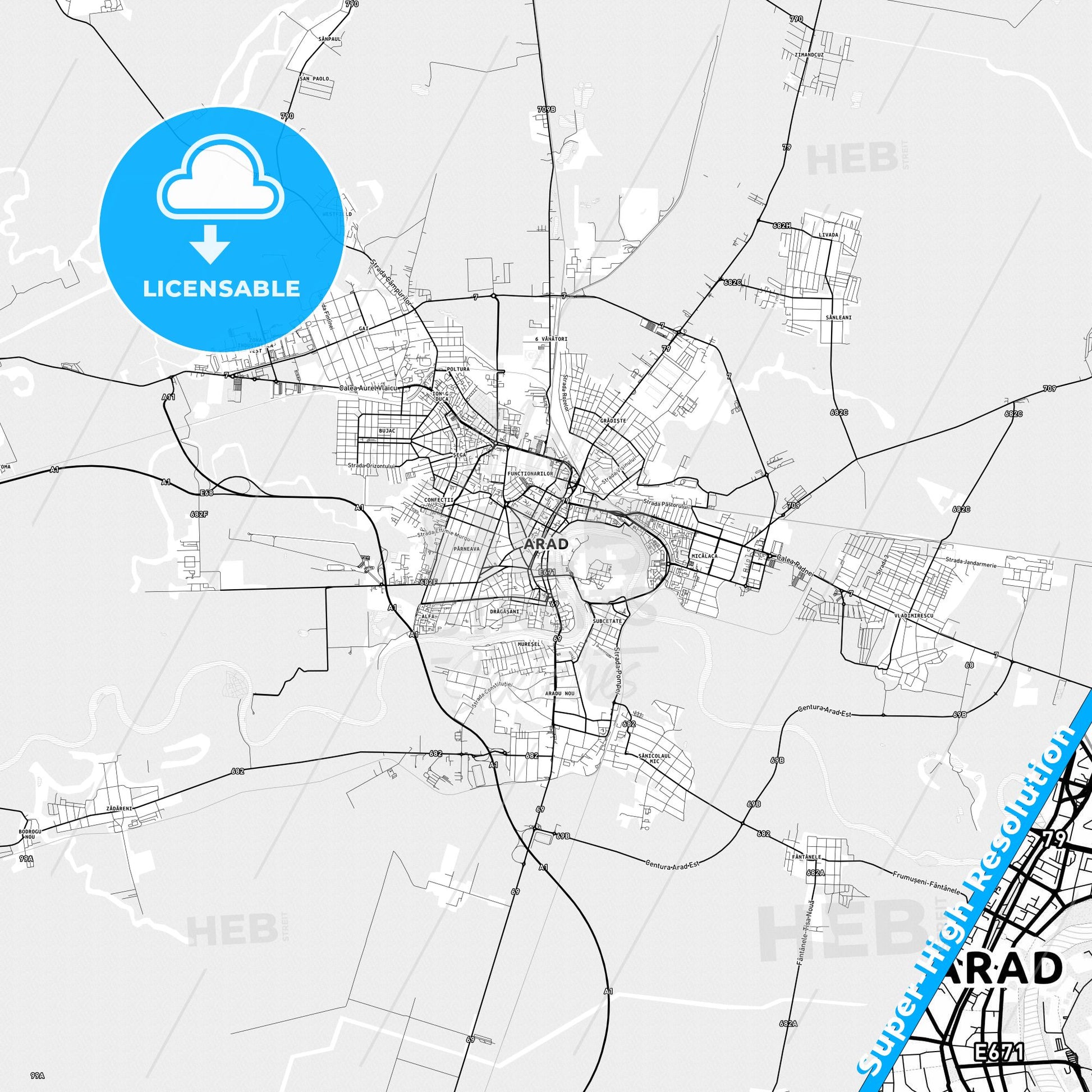 Arad, Romania light map with streetnames, citynames and districts